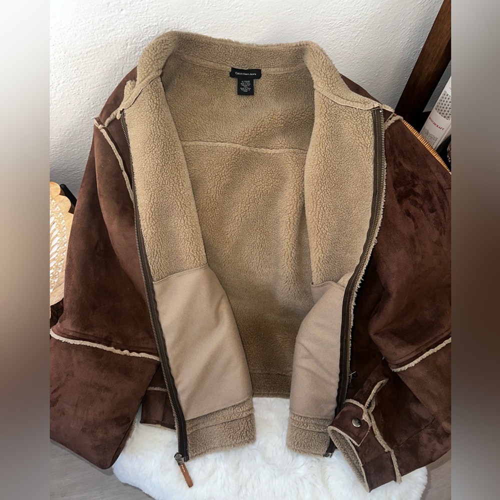 Calvin Klein Jeans Brown Shearling Bomber Jacket - Picture 5 of 5